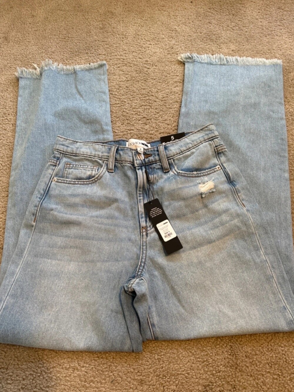 Fashion Nova Light Blue High-Rise Straight Jeans with Raw Hem